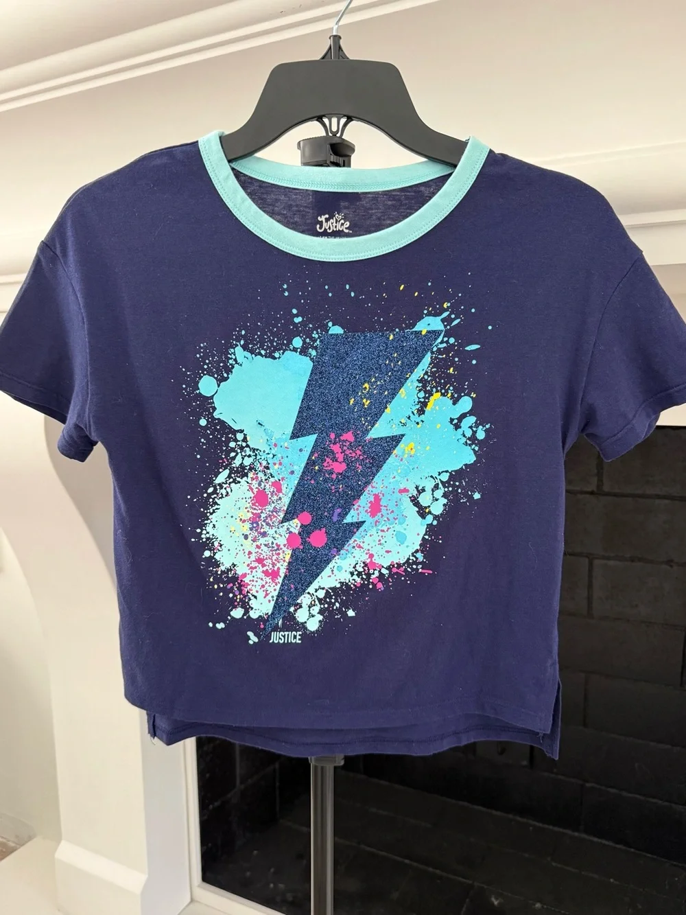 Justice Navy Tee with Aqua Trim and Neon Lightning Graphic- Girls 10